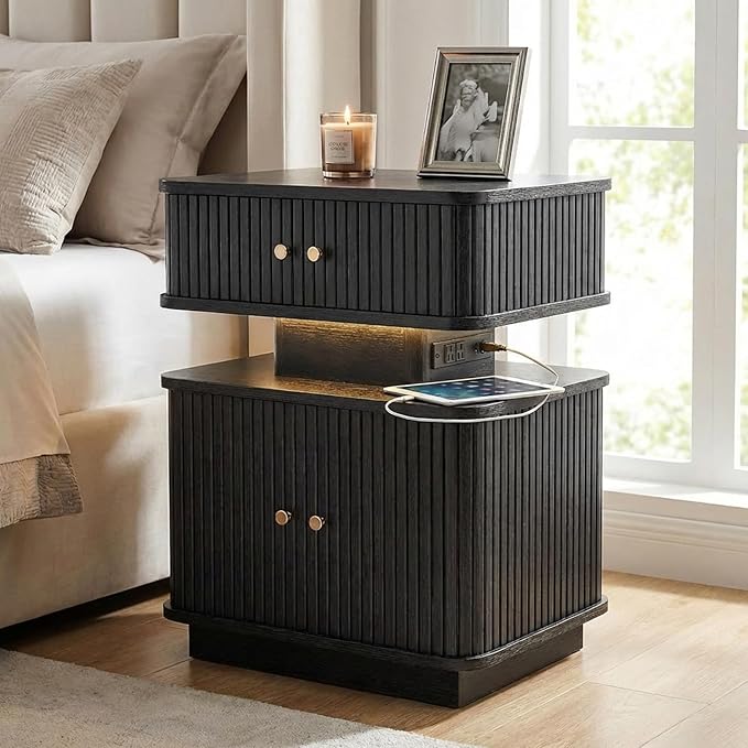 LED Nightstand Set of 2, Fluted Night Stand