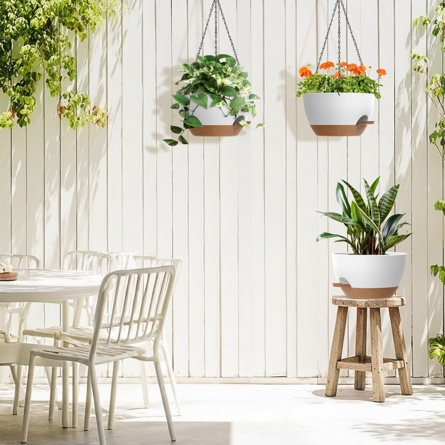 3 Pack 10 Hanging Flower Pots with Chains Self Watering Plastic Planters for Indoor Outdoor Plants, Sturdy Triangular Iron Chain Design for Garden PorchPlastic hanging flower pots (3, White-brown)
