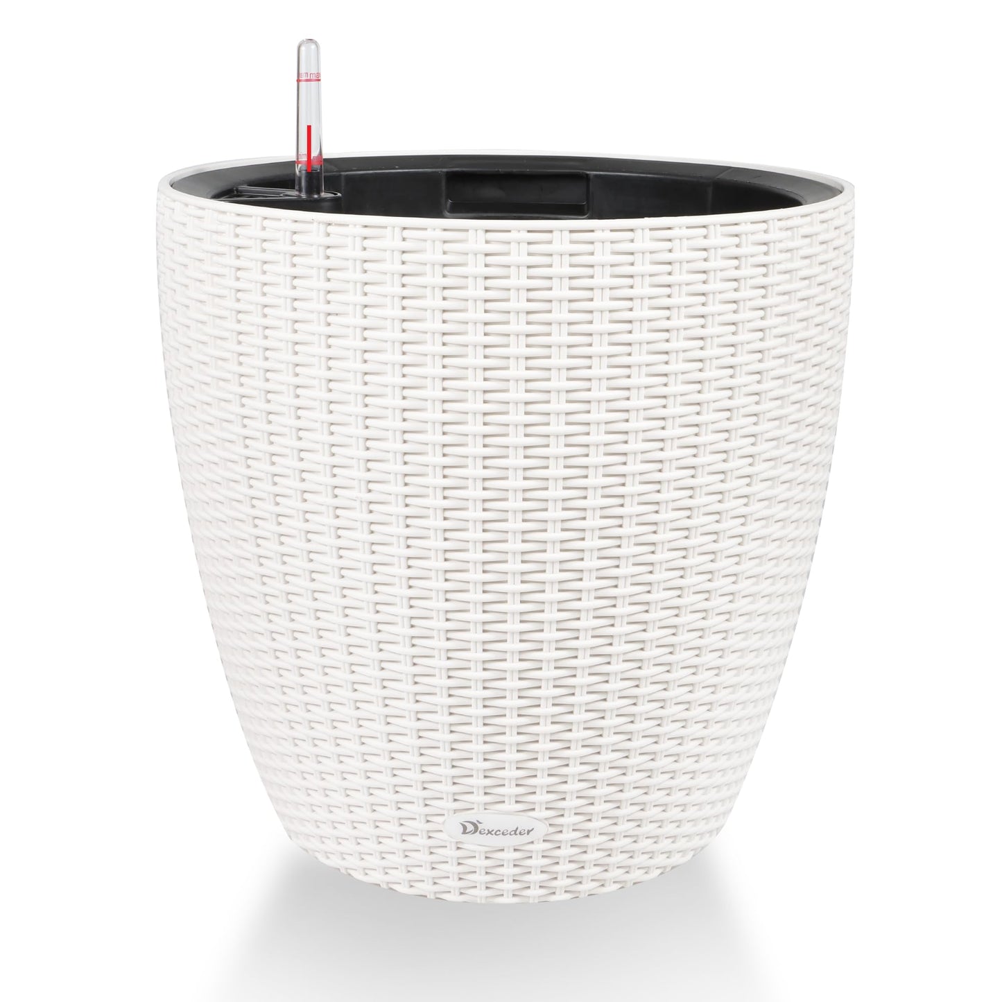 Dexceder 18x17 Inches Rattan Self Watering Planter Indoor Outdoor, Inner Pot Design, Thickened Table Flower Plant Pot with Water Level Indicator (Ivory White)