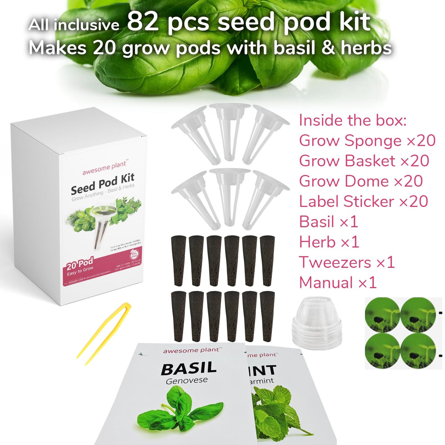 20 Pack Seed Pod Kit (Basil Herbs) for AeroGarden Ahopegarden iDOO and Other Indoor Hydroponic Gardens, Include Grow Sponges, Grow Baskets, Grow Domes, Labels and More for Hydroponics Growing System