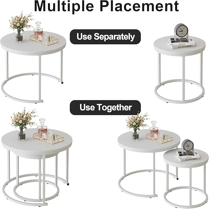 Garden 4 you Nesting Coffee Table, 23.6" Round Coffee Table Set of 2, Wooden