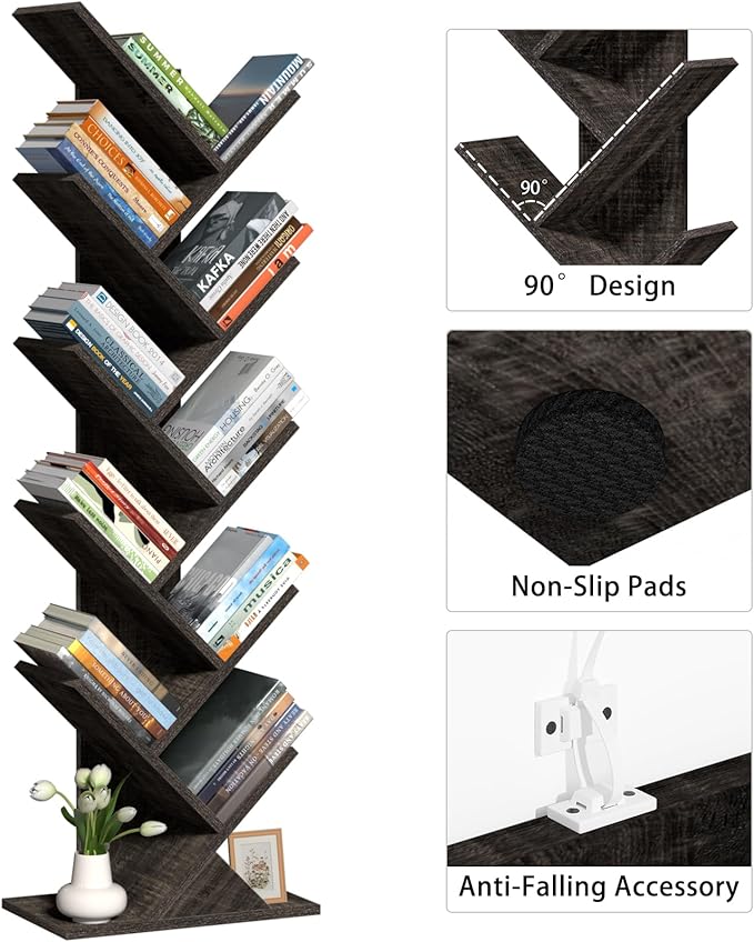 SHEEPAM 10 Tier Tree Book Shelf, Floor Standing Wood Bookshelf
