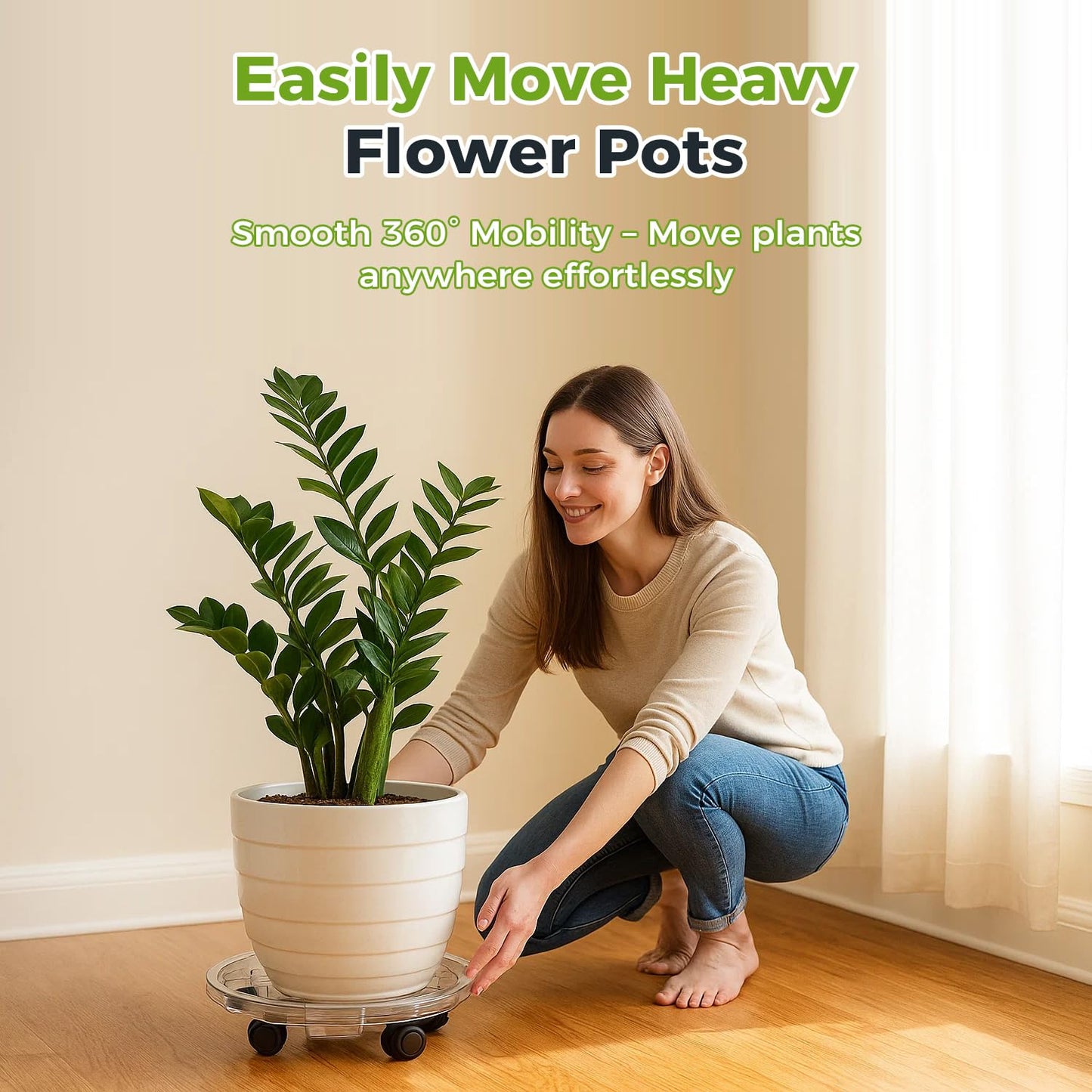 KvyusFlourish 4 Packs 11.8 Inches Large Clear Plant Caddy Plant Saucers on Wheels Rolling Plant Stands Heavy-duty Plant Dolly Plastic Planter Roller Base Pot Movers Outdoor Plant Tray Coaster
