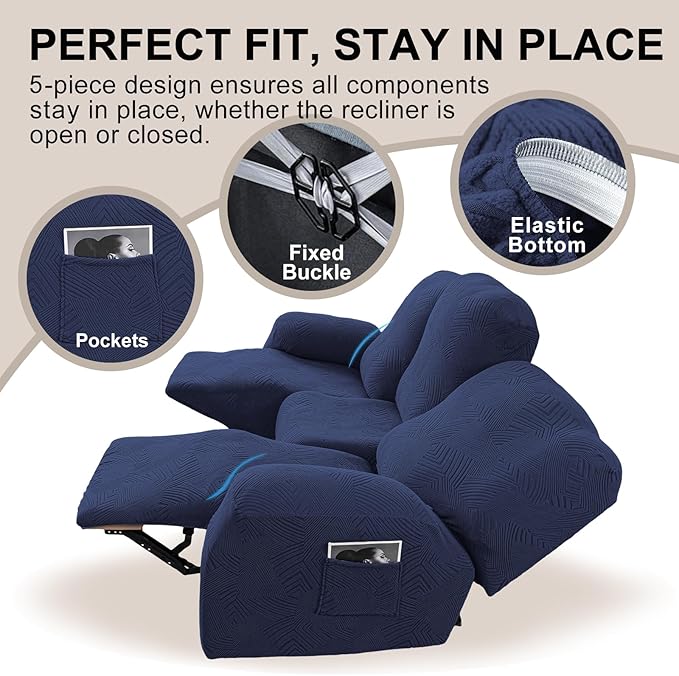 5-Piece Recliner Sofa Covers, Stretch Geometric Strokes Jacquard Recliner Sofa