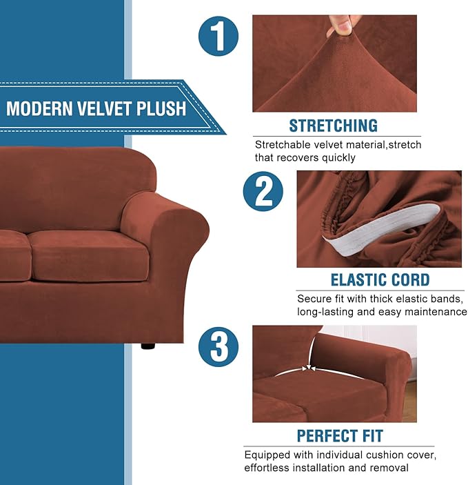 H.VERSAILTEX Modern Velvet Plush 4 Piece High Stretch Sofa Slipcover Cover