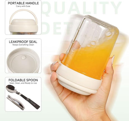 Overnight Oats Containers with Handles & Lids – 16oz Glass Mason Jars with Spoons & Fruit Compartments, Chia Pudding Jars with Lids, 2 Sets (Cream, Blue)