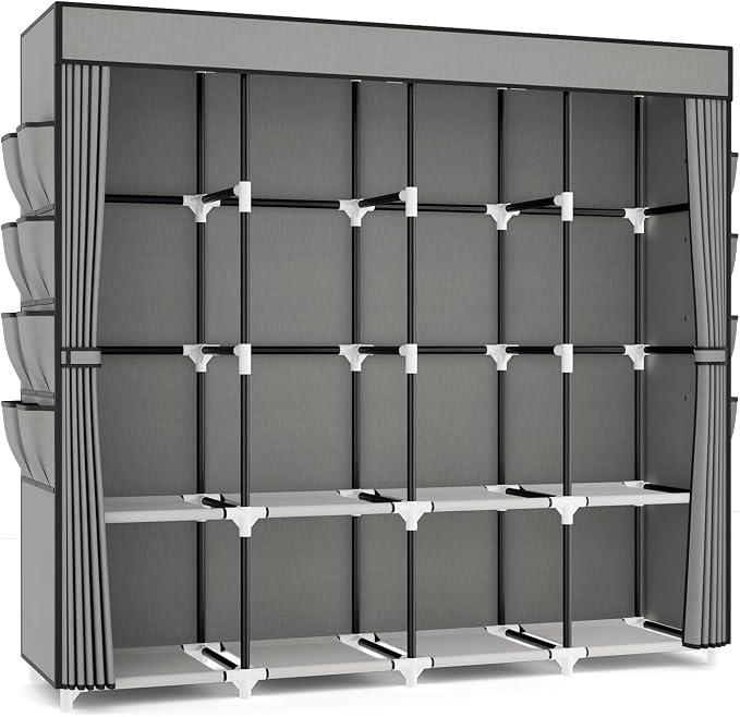 Portable Closet for Hanging Clothes, 67 Inch Wide Portable Wardrobe Closet with Cover, 4 Hanging Rod, Storage Shelves and Side Pockets, Large Free Standing Closet for Bedroom, Grey