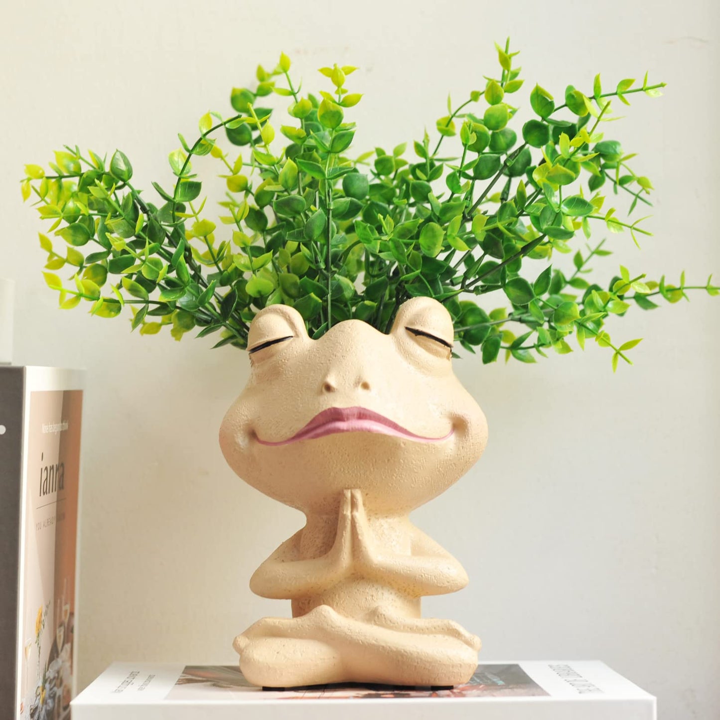 Face Planters Pots Head Yoga Frog Resin Plant Pot with Drainage Hole(Khaki-B)