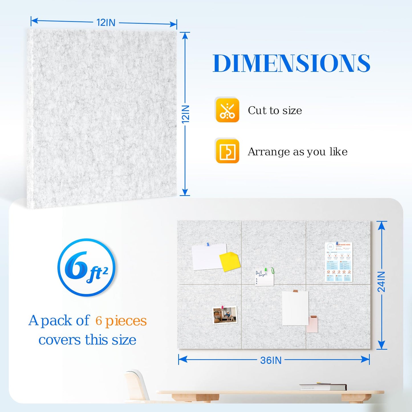 DOLLAR BOSS Felt Cork Board Tiles, 6 Packs 12" x 12" 1/2" Thick Cork Bulletin Board Self Adhesive Corkboards for Walls with 60 Pushpins for Home Office Kitchen School Decor Display, Light Grey