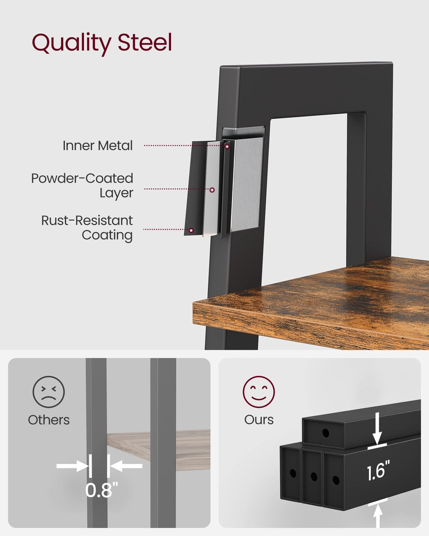 VASAGLE BARNET Collection - Ladder Shelf, Bookshelf, Storage Rack, Modern Bookcase for Living Room Home Office Kitchen, Steel Frame, 4-Tier, 22-Inch Wide, Rustic Brown and Ink Black ULLS44X