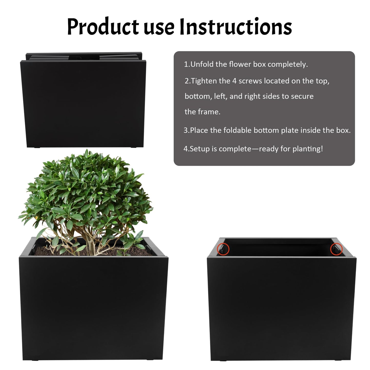 TISUWING Galvanized Steel Rectangular Planter, 16"x 12"x 12" Small Planters for Outdoor Plants, Black Outdoor Planter with Drainage Holes