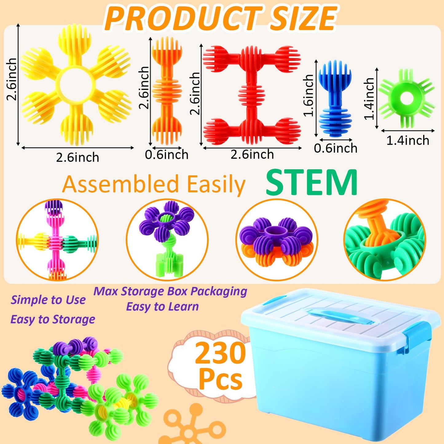 Halloscume 230 Pcs Kids Star Stem Building Toys Building Blocks Plastic Connectors Stem Toys with Storage Box for Kindergarten Preschool Classroom Games Sets for Boys and Girls Aged 3 Years Old and Up