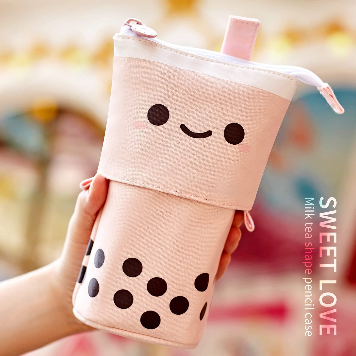 ANGOOBABY Standing Pencil Case Cute Telescopic Pen Holder Kawaii Stationery Pouch Makeup Cosmetics Bag for School Students Office Women Teens Girls Boys Christmas Gift (Pink)