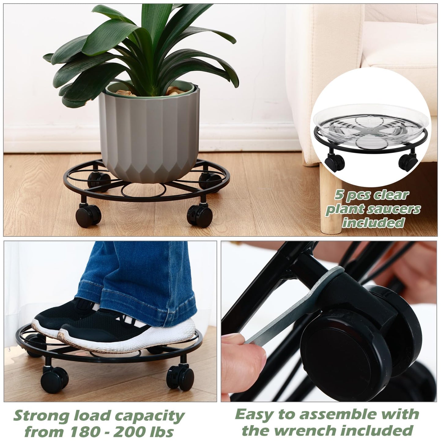 DEELF OUTLET 5 Packs 12 inches Large Metal Plant Caddy with Wheels Round Planter Dolly Pot Mover Rollers Wrought Iron Rolling Plant Stands Indoor Outdoor Wheeled Plant Holder Coaster Trolley, Black