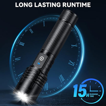 Kmivo Rechargeable LED Flashlight, 100,000 High Lumens Super Bright Tactical Flashlight, 5 Modes Adjustable Focus, Waterproof Powerful Handheld Flash Light for Camping Home Emergency (2 Pack)