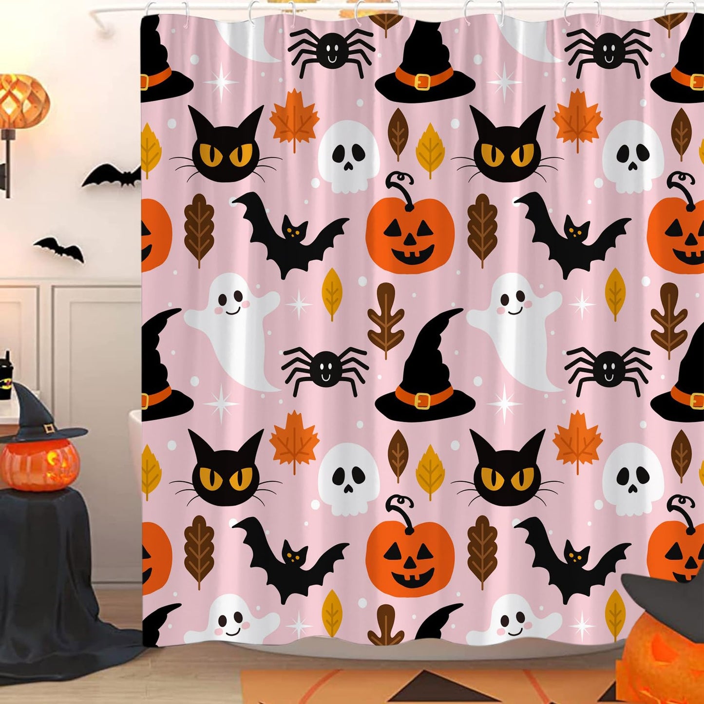 JOFKAXU Pink Halloween Shower Curtain Cute Ghost Pumpkin Spooky Black Cat Scary Skull Horror Bat Magic Witch Hat Gothic Spider Web Bath Curtain with Hooks