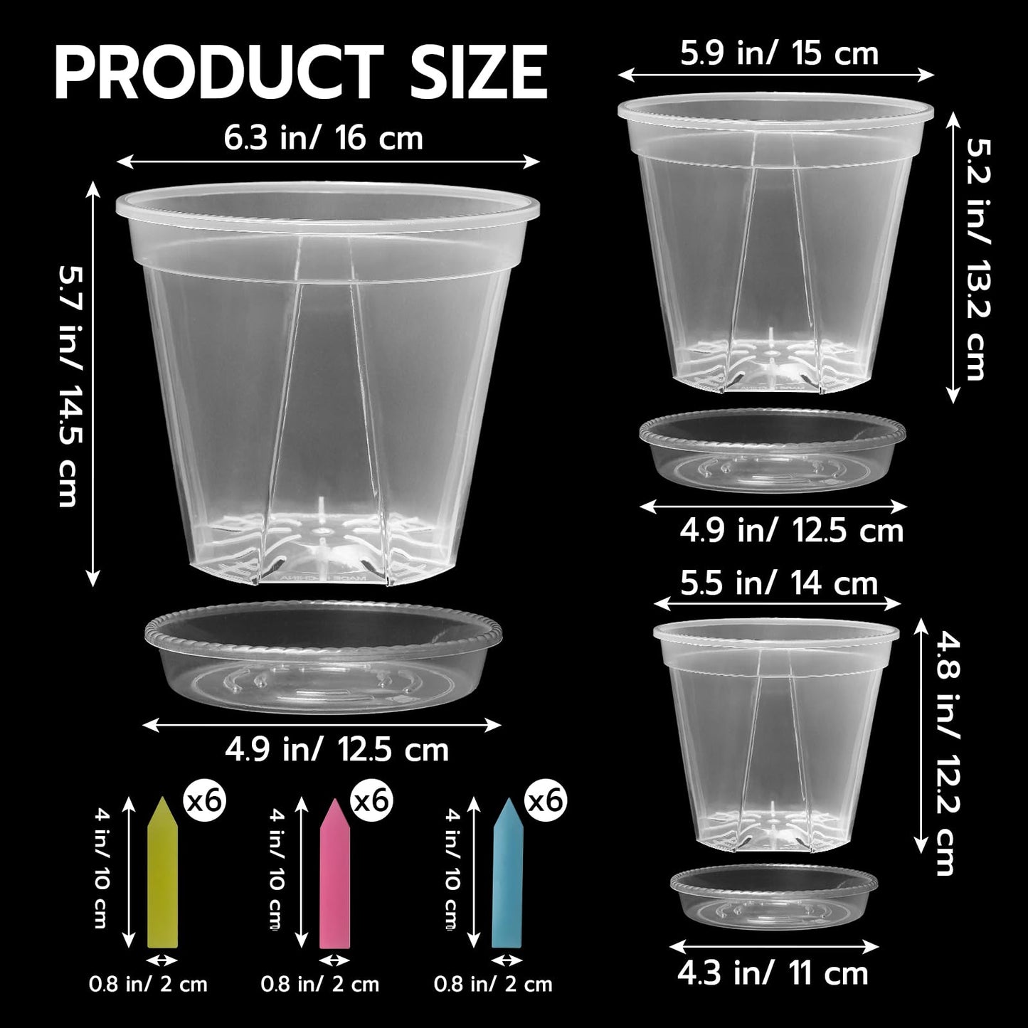 Co.Life 18 Pack Clear Plant Pots with Drainage, 5/6/7 Inch Thick Clear Plastic Pots for Plants, Indoor Outdoor Planter Set with Saucers & Plant Labels for Monstera, Succulents, Herbs