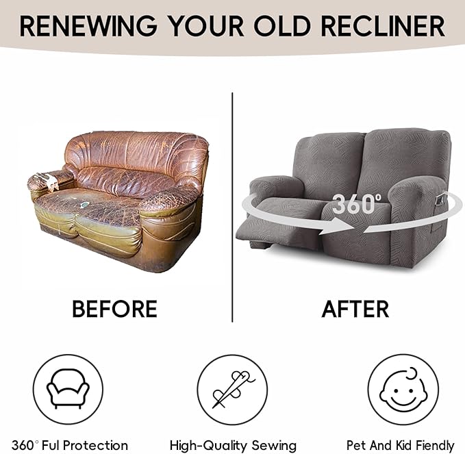 Recliner Loveseat Covers, 4-Piece Stretch Geometric Strokes Jacquard Reclining