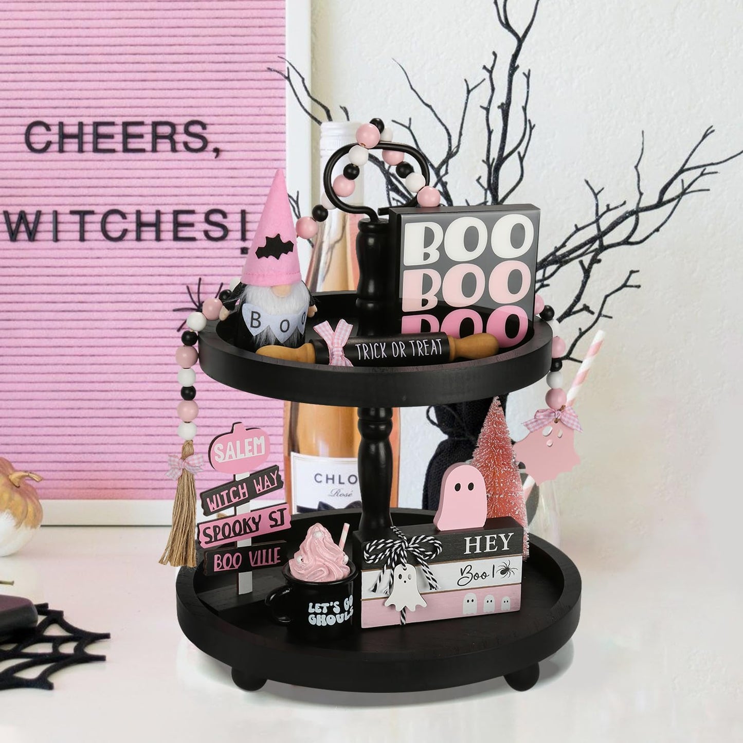 Pink Halloween Decorations 8PCS Tiered Tray Decor, Cute Girlie Tabletop Halloween Decor for Home Office Tray Shelf Mantel Office Table Centerpieces Farmhouse Rustic Spooky Wood Signs