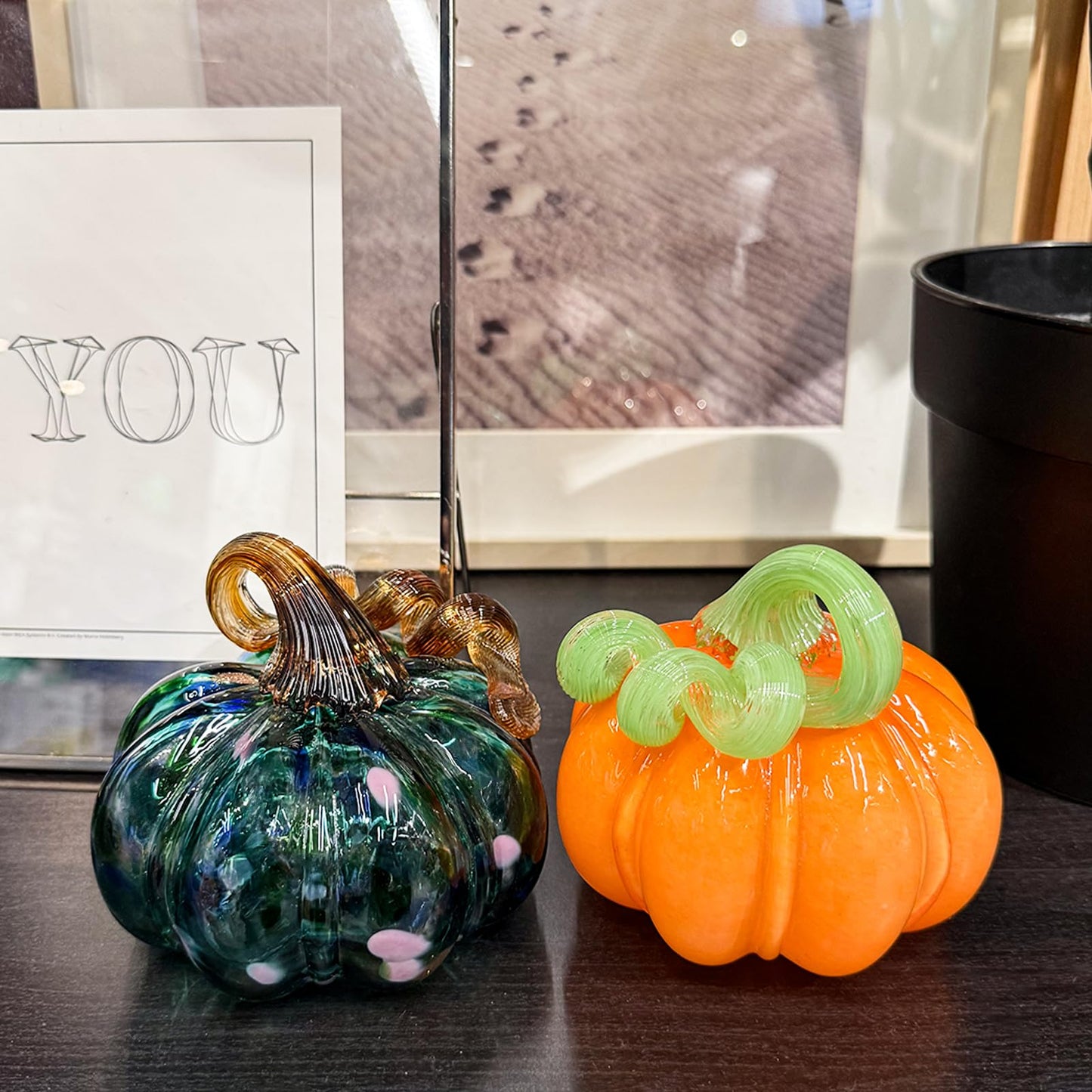 ORRFIDDY 4.7" Hand-Blown Glass Pumpkin Halloween Decor Fall Home Figurines Collectible Harvest Thanksgiving Wedding & Autumn Mantel Decorations Paperweight Tabletop Ornaments(Orange)