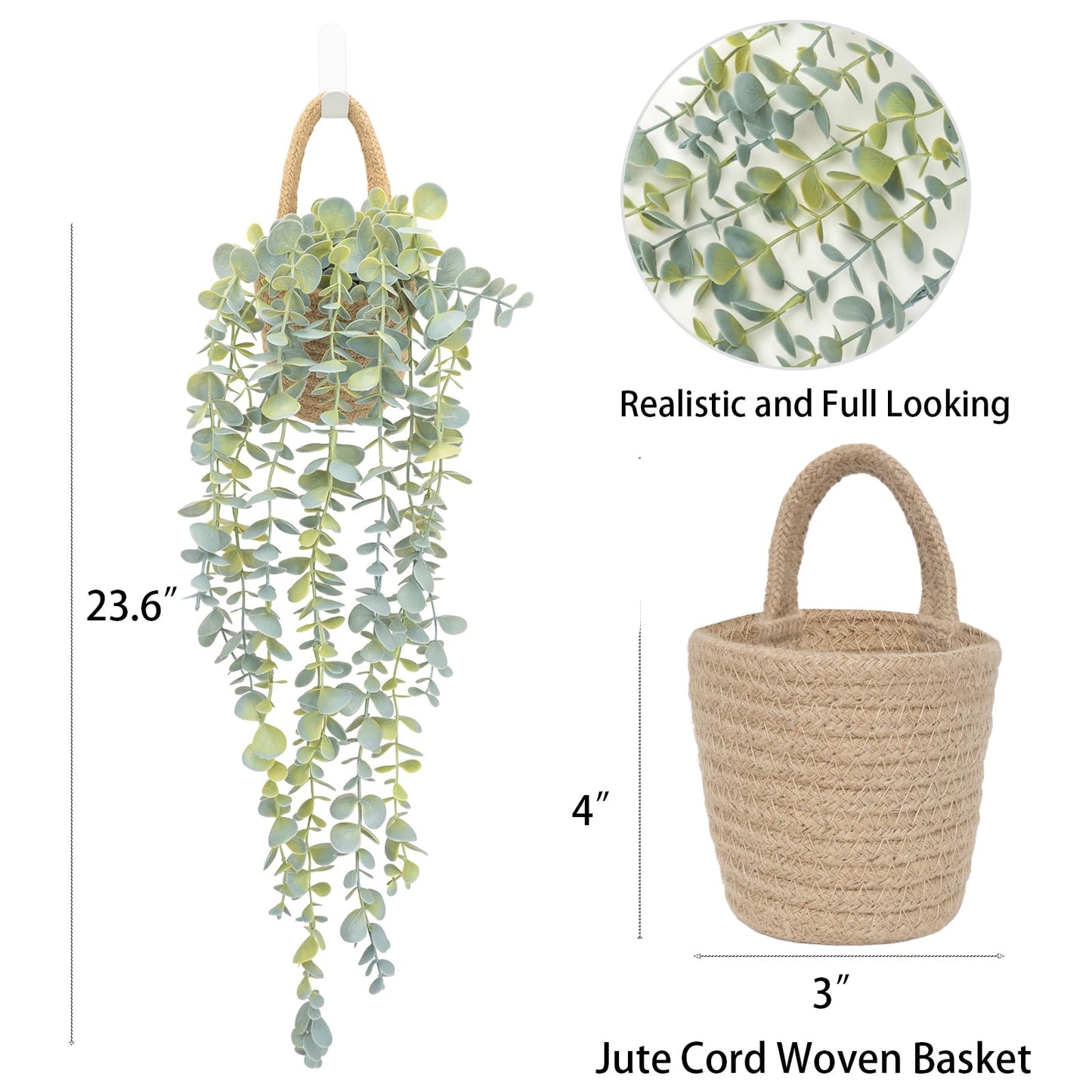 HOFMEFY Fake Hanging Plant Decor Indoor, Eucalyptus Artificial Faux Plants in Wall Woven Planters, Jute Hanger with Black Pot Soft Green 1PCS 23Inch Long