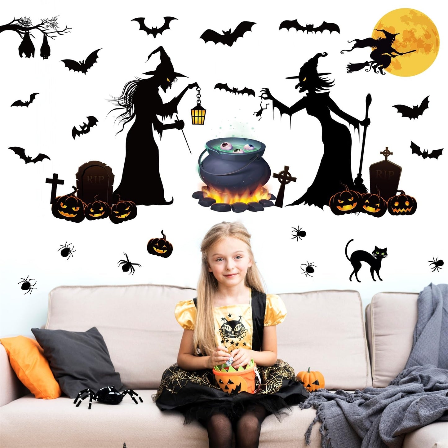 Halloween Wall Stickers Halloween Witch Bats Pumpkin Moon Wall Decals for Kids Bedroom Living Room Peel and Stick for Halloweens Nursery Party Supplies Decorations