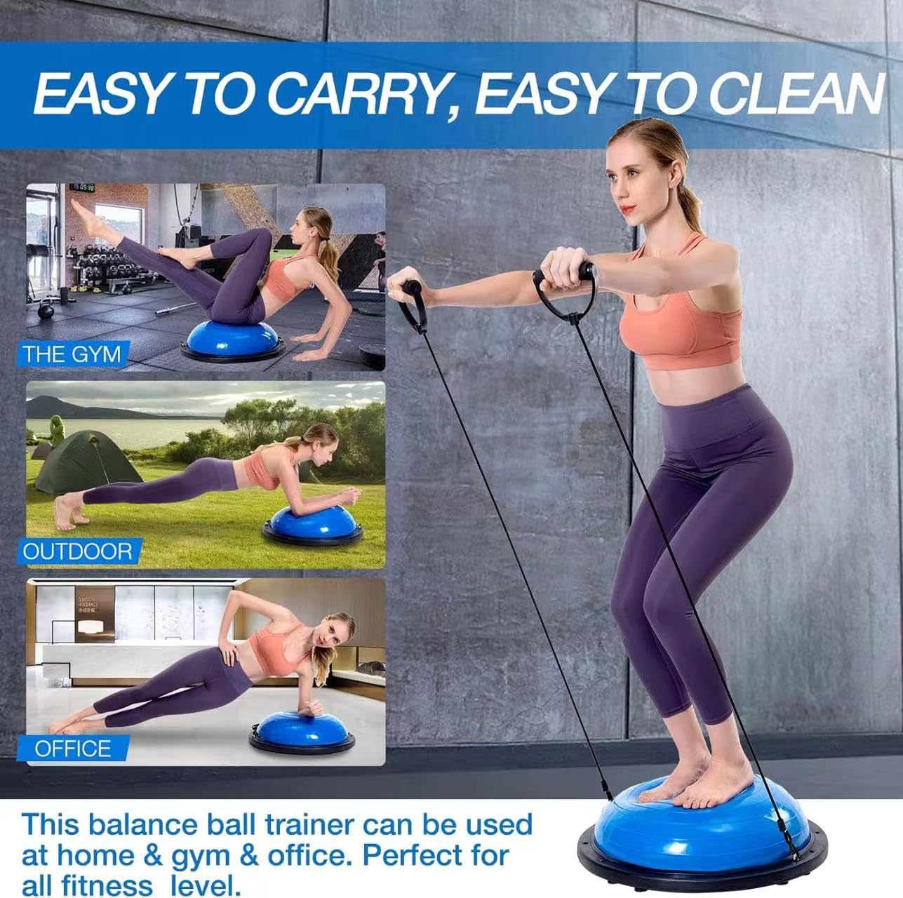 Zealty Half Balance Ball Trainer, Half Yoga Exercise Ball with Resistance Bands and Foot Pump, Balance Trainer for Stability Training, Strength Exercise Fitness, Home Gym Workout Equipment, Grey