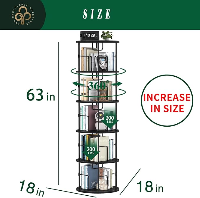5Tier Rotating Bookshelf, Spinning Bookshelf Tower, 360 ° Display Space Saving