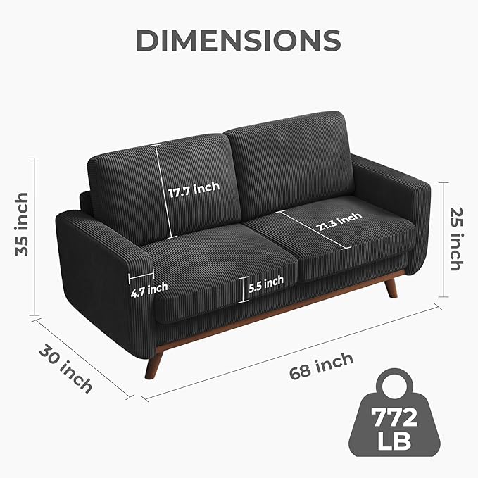 Vesgantti 68" Loveseat Sofa Black, Comfy Corduroy Couch