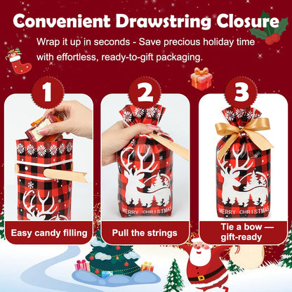 Shintop 50PCS Christmas Treat Bags with Drawstring, 5.9x9inch Buffalo Plaid Small Gift Bags Plastic Holiday Candy Pouches for Cookies Goodie Snacks Party Favors (Red & Green)