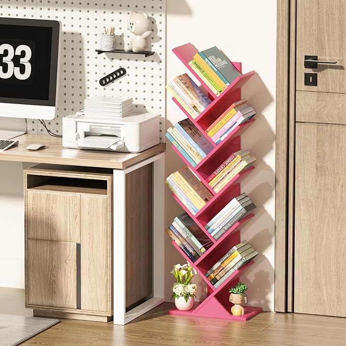 SHEEPAM 10 Tier Tree Book Shelf, Floor Standing Wood Bookshelf