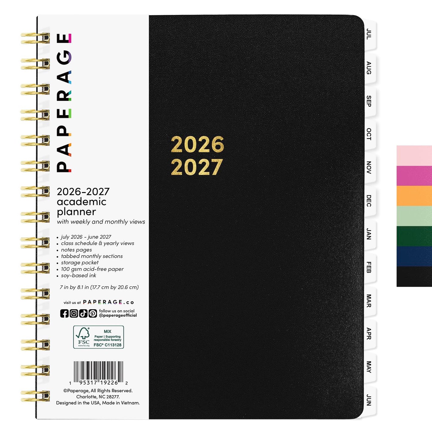 PAPERAGE Academic Planner, Weekly & Monthly Planner & Calendar, 12-Months, July 2026 - June 2027, (7" x 8"), School & Student Planning Agenda with Tabs, Bonus Pages & Inner Pocket, Black