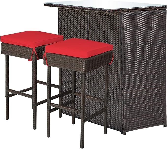 Tangkula Patio Bar Set, 3 Piece Outdoor Rattan Wicker Bar Set