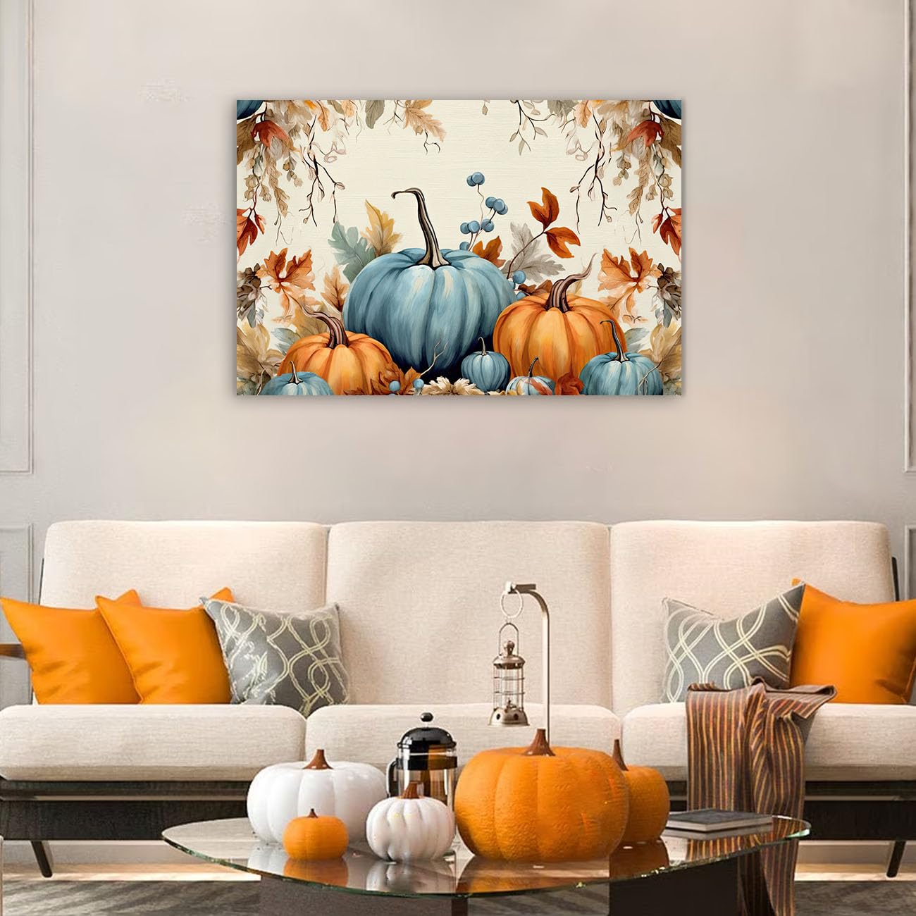 QIXIANG Fall Pumpkin Wall Art Autumn Harvest Orange Blue Pumpkin Canvas Prints Thanksgiving Pictures Bedroom Wall Decor Frame (Pumpkin E, 12.00" x 18.00")