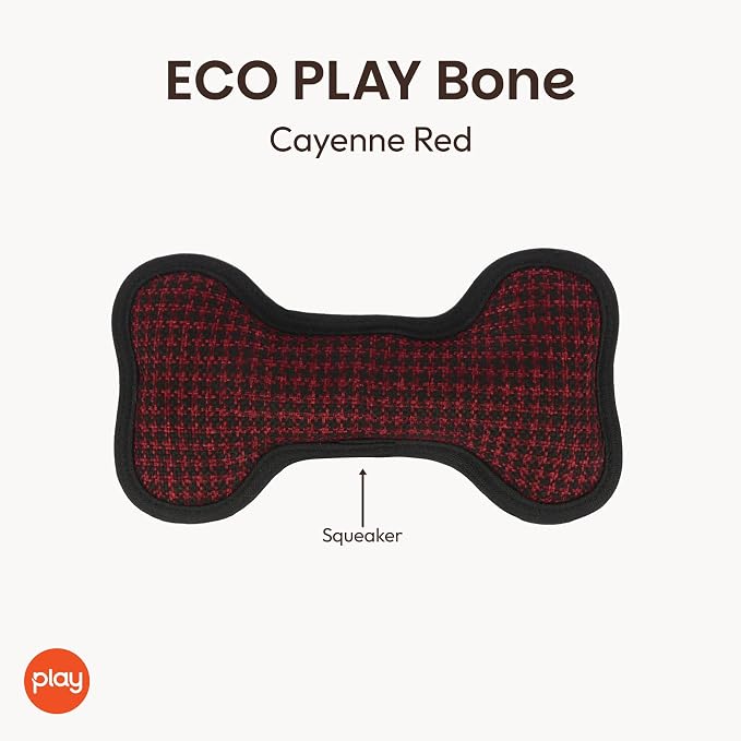 P.L.A.Y. Stuffed Dog Toys, ECO Bones - Extra Durable Squeaker Chew Toy, Great for Teething Puppies & Small, Medium, Large Dog Breeds - Machine Washable, Recycled Materials (Red Houndstooth, Small)