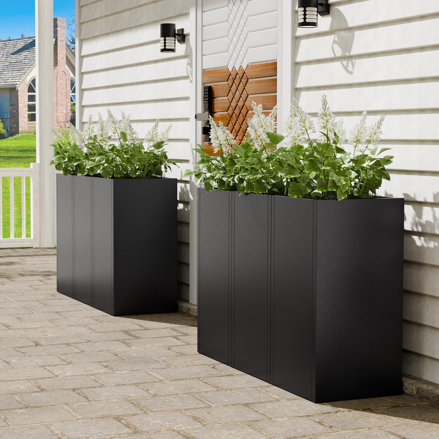 Diyfire Black Tall Metal Planters Box for Outdoor Plants 6 Pack- 23.6" H Steel Tall Square Planter with Removable Insert Shelf, Modern Heavy Duty Pedestal Planter Front Porch Decor Patio Garden