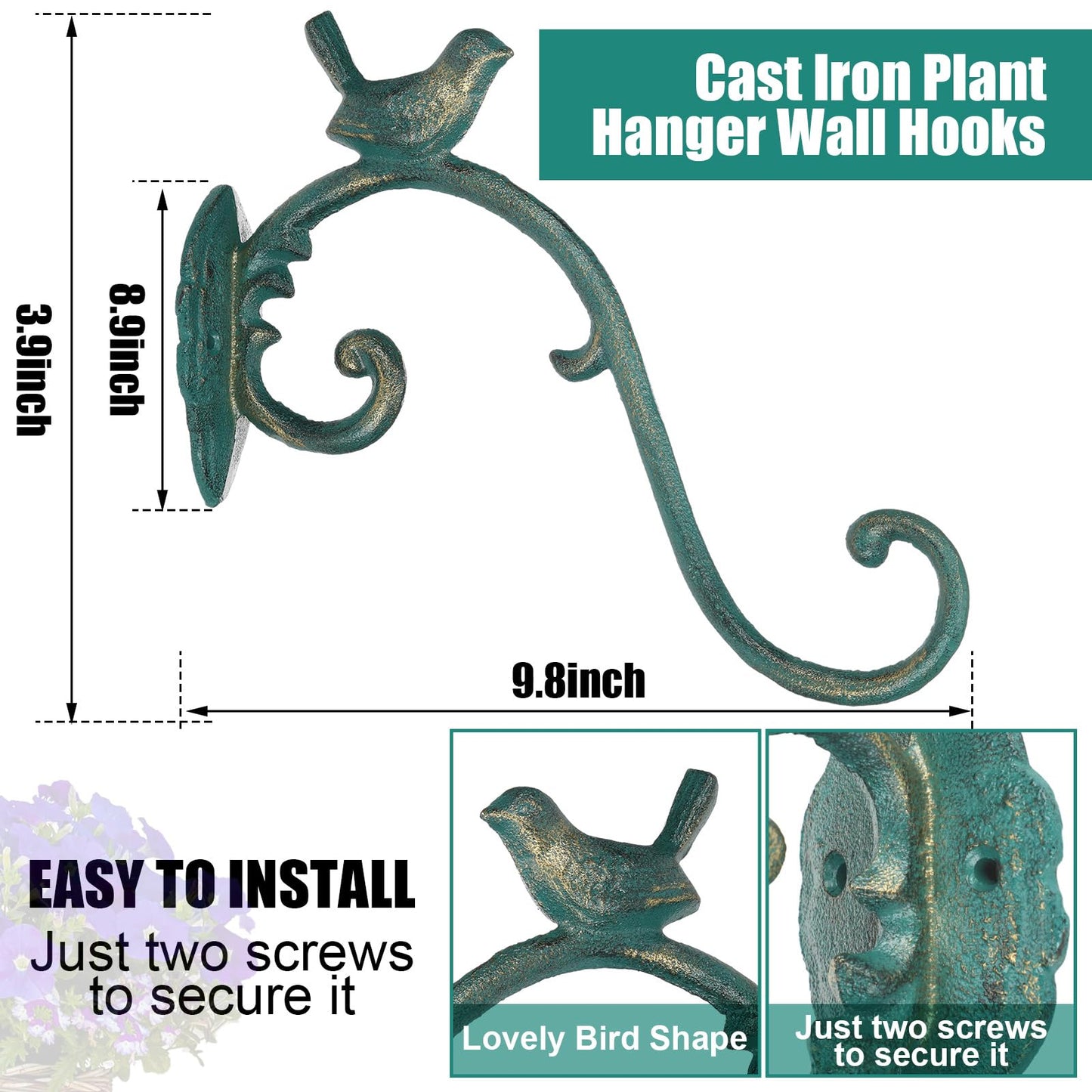 Moxweyeni 2 Pcs Cast Iron Plant Hangers Outdoor 10" Heavy Duty Hanging Basket Brackets Lovely Bird Shape Decorative Wall Hangers for Flower Pots Bird Feeder Wind Chime Lantern(Golden Green)