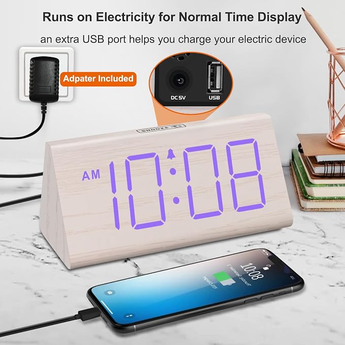 DreamSky Wooden Digital Alarm Clock for Bedroom with RGB Large Numbers | Electric Desk Clock, USB Port, Loud Alarm for Heavy Sleepers, Dimmer and Volume Control, Snooze, Wood Décor, Adapter Powered