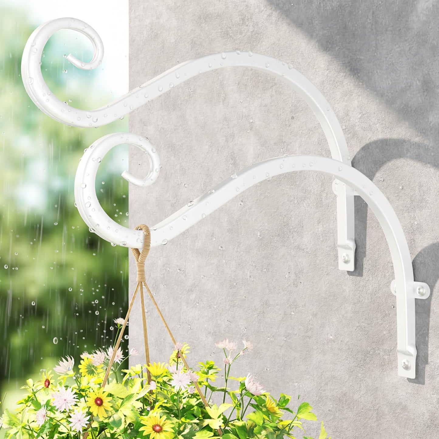 LASZOLA 2 Pack 12 Inch Hanging Plant Brackets, Heavy Duty Iron Wall Hooks for Planter, Bird Feeder, Wind Chime, Lantern, Rust Proof Decorative Hangers for Indoor Outdoor Garden Patio Fence, White
