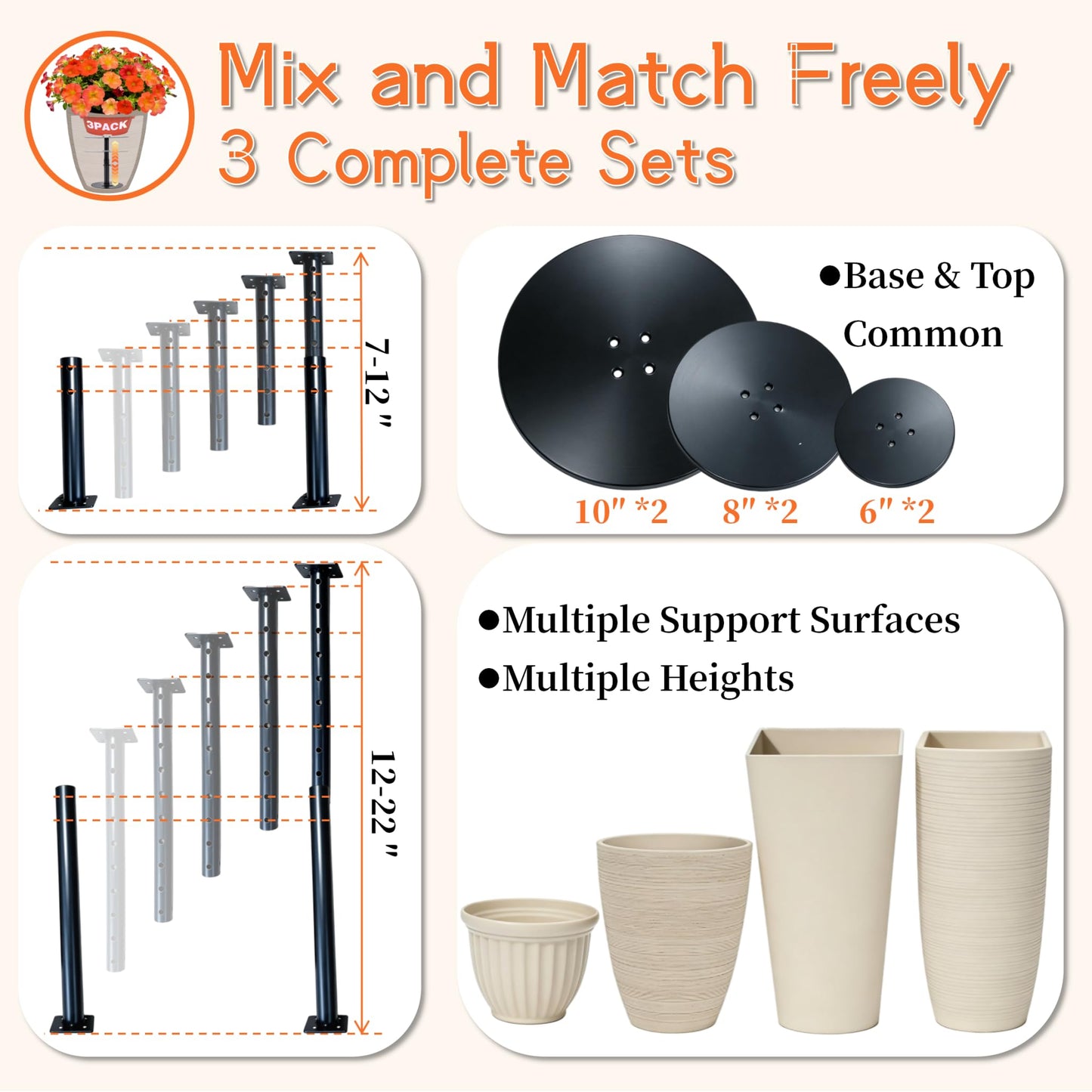 Sskzchh 3-Pack Adjustable Plant Risers for Inside Pots, 7"-22" Metal Plant Riser/Lifters for Pots Outdoor & Indoor, Tall Square Round Taper Planters, Planter Insert 6"/8"/10" Base & Top, Black