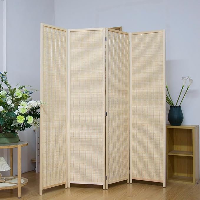 4 Panel Bamboo Room Divider Screen, 5.6 FT Tall Bamboo Divider Folding Privacy