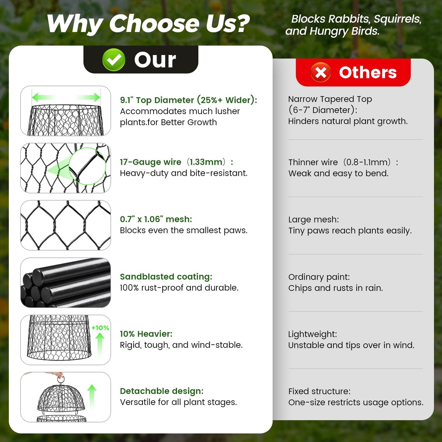 12 Pack XL Metal Garden Cloches for Plants, 17" Height Rustproof Chicken Wire Cloches for Seedlings, Vegetables & Flowers, Plant Protectors from Animals Includes 12 Humidity Domes & 48 Stakes - Black