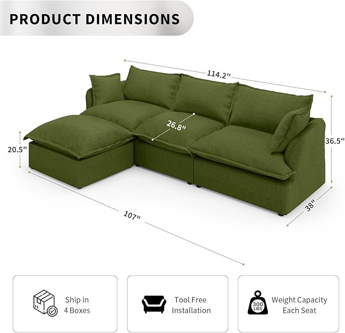 Cloud Sectional Sofa, Down Fill Sectional Sofa, Detachable Couch Cushion Covers