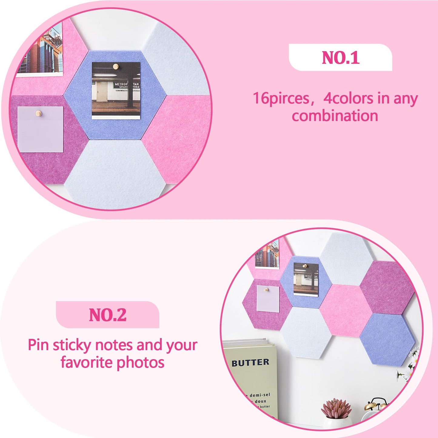 Mindsoft 16 Pcs Hexagon Cork Board for Walls with 50 Wooden Push Pins 6.7 x 5.9 in Felt DIY Tiles Notice with Nano Tape Hanging Bulletin Board for Home Photo Office Memo Note (Pink)