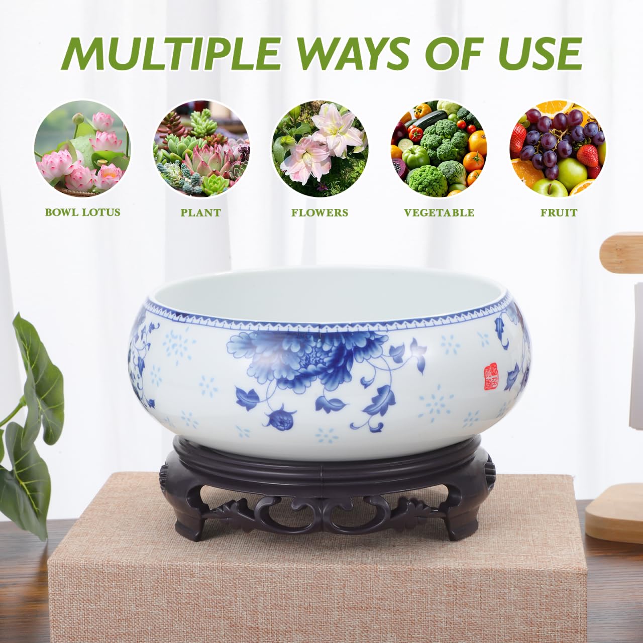 DOITOOL 7 Inch Lotus Bowl Planter Water Lily Pot with Stand, CactuSucculent Planters Cactus Hydroponic Container, Ceramic Blue and White Pots for Water Plants Lotus Flower Bonsai, No Drainage Hole