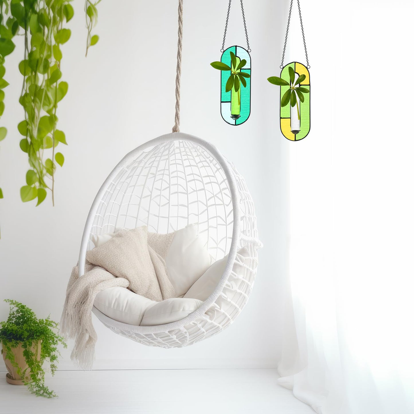 Yiyiring 2 Sets Stained Glass Window Hanging Propagation Window Propagation Stations Planters with Glass Tubes and Chain Terrarium Wall Plant Holder Decor for Living Room