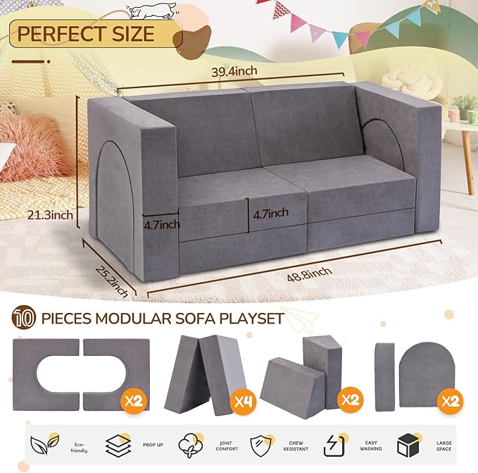 Fvkind 10 Pcs Modular Kids Play Couch, Convertible Sectional Toddler Sofa