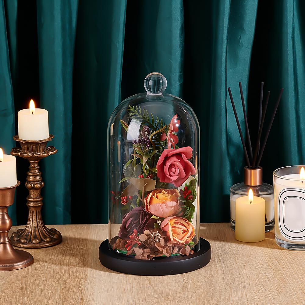 PH PandaHall Cloche Glass Dome Black Wooden Base Bell Jar Cloche Bottles Display Case Clear Glass Display Dome with Top Handle for Plants Flower Clay Succulents Antique Collectibles, 4.92x8.46inch
