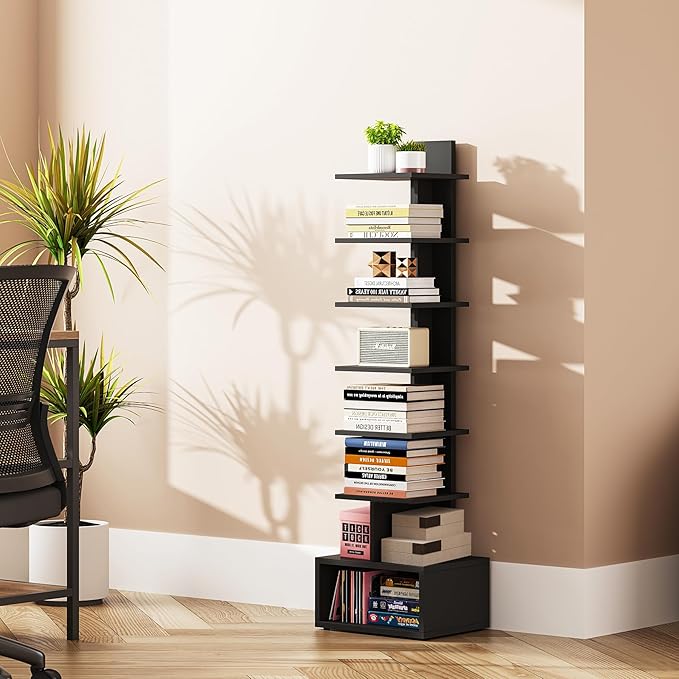 TUTOTAK Narrow Bookshelf, Vertical 8-Tier Bookcase, Spine Book Shelf