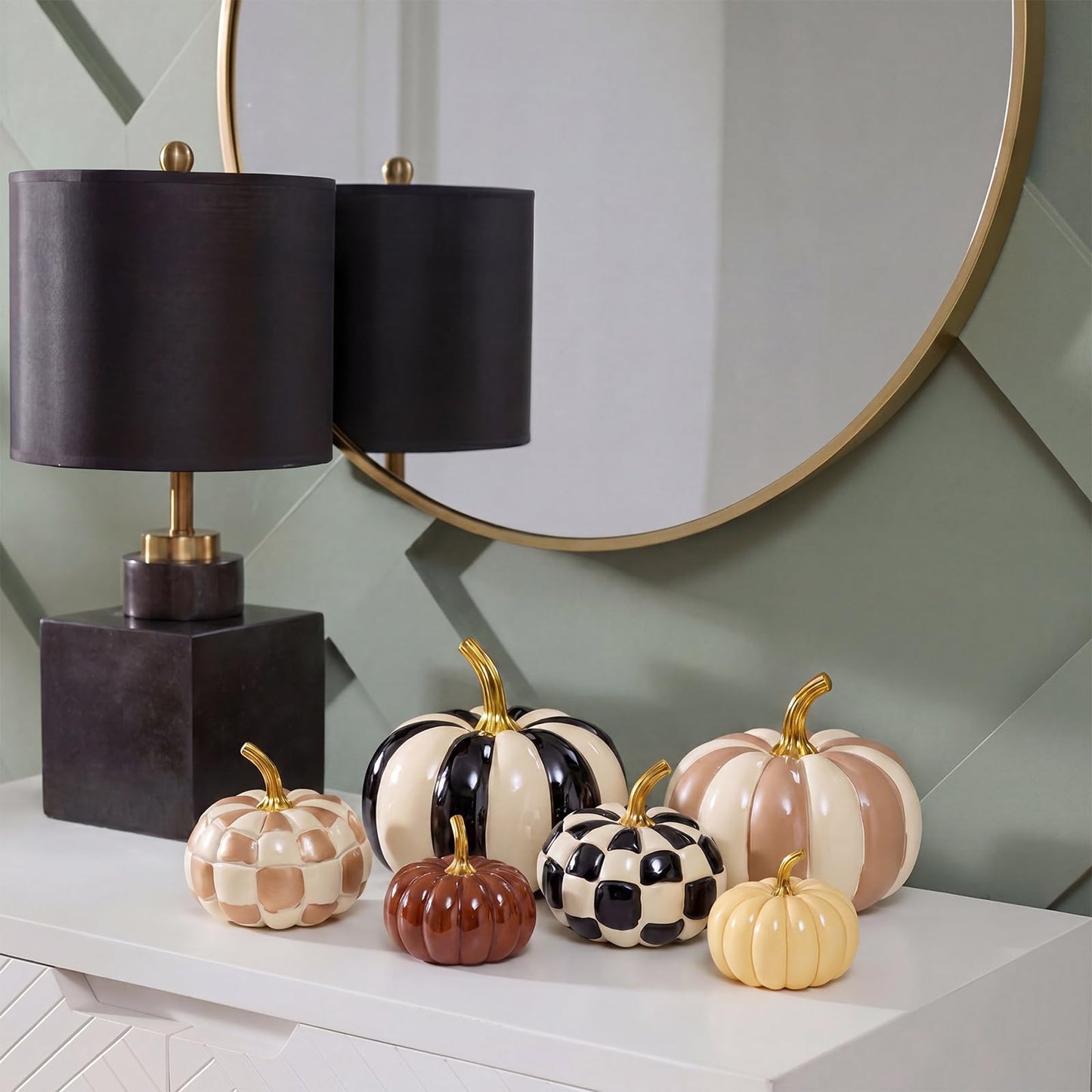 Pinkunn 6 Pcs Halloween Black and White Pumpkins Fall Decor White and Brown Yellow Checkered Striped Resin Pumpkin Decoration for Thanksgiving Autumn Farmhouse Porch Decorations Table Centerpieces